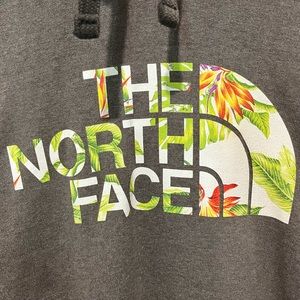 Grey North Face hoodie with floral logo print - Size XL Mens